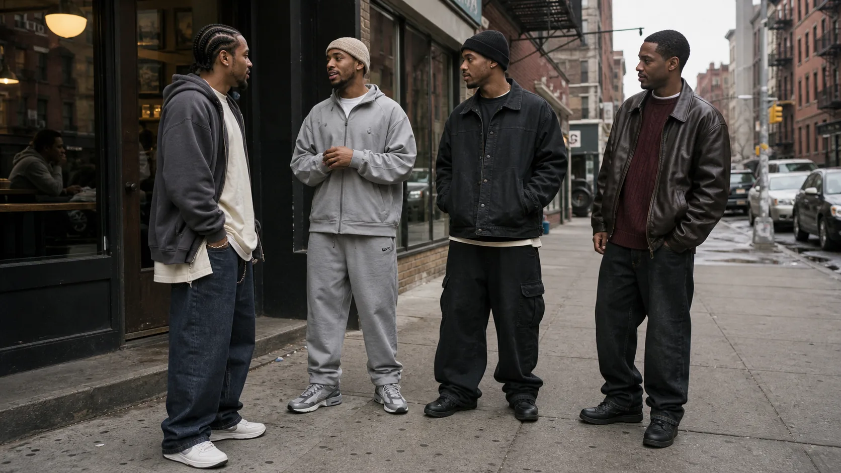 Everyday 2000s streetwear for men Four Black men in mid-2000s-inspired charcoal hoodie, gray tracksuit, oversized black denim and brown leather street outfits on a city sidewalk