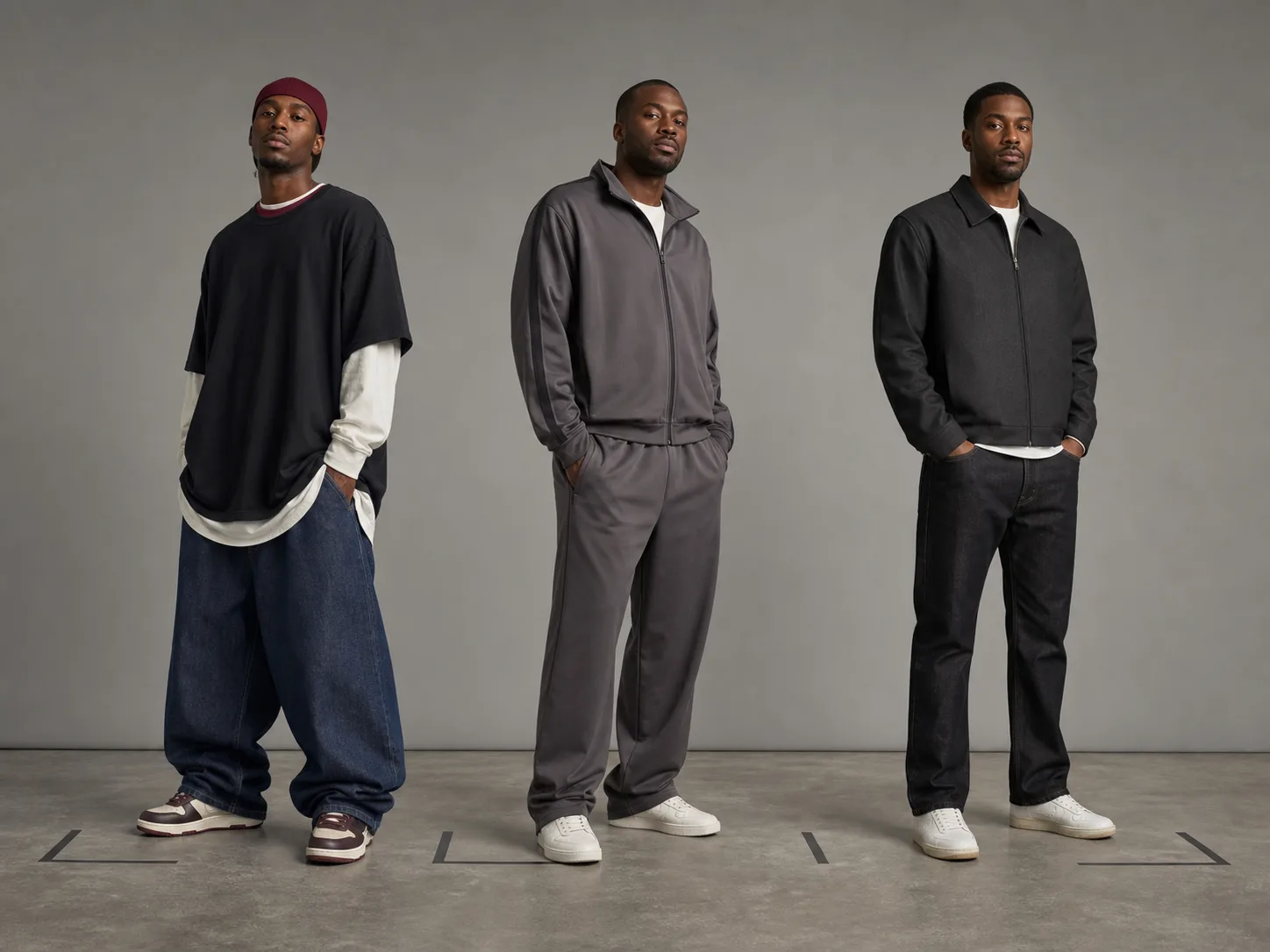 2000s men's streetwear silhouette timeline Three Black men comparing early wide layered, mid-decade tonal and late-2000s closer streetwear silhouettes in a gray studio