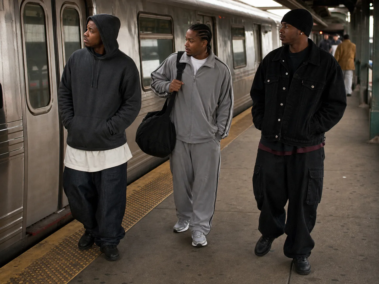 Practical 2000s streetwear for city transit Three Black men commuting in early-2000s-inspired hoodie and wide jeans, gray tracksuit and black denim with cargo pants on a subway platform