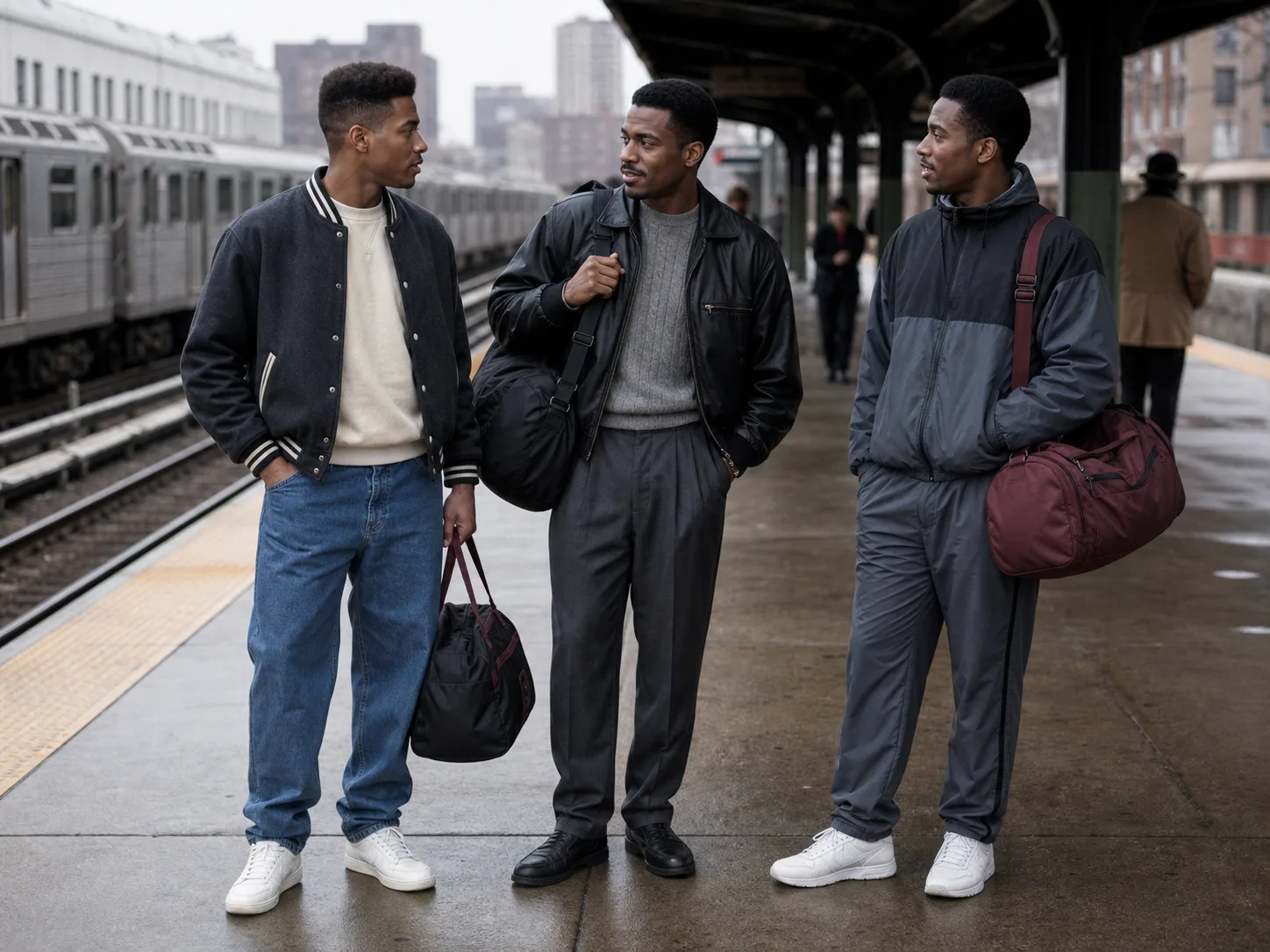 1980s streetwear layering for cool-weather transit Three Black men in late-1980s-inspired varsity, leather and technical athletic layers carrying gym bags on a city train platform