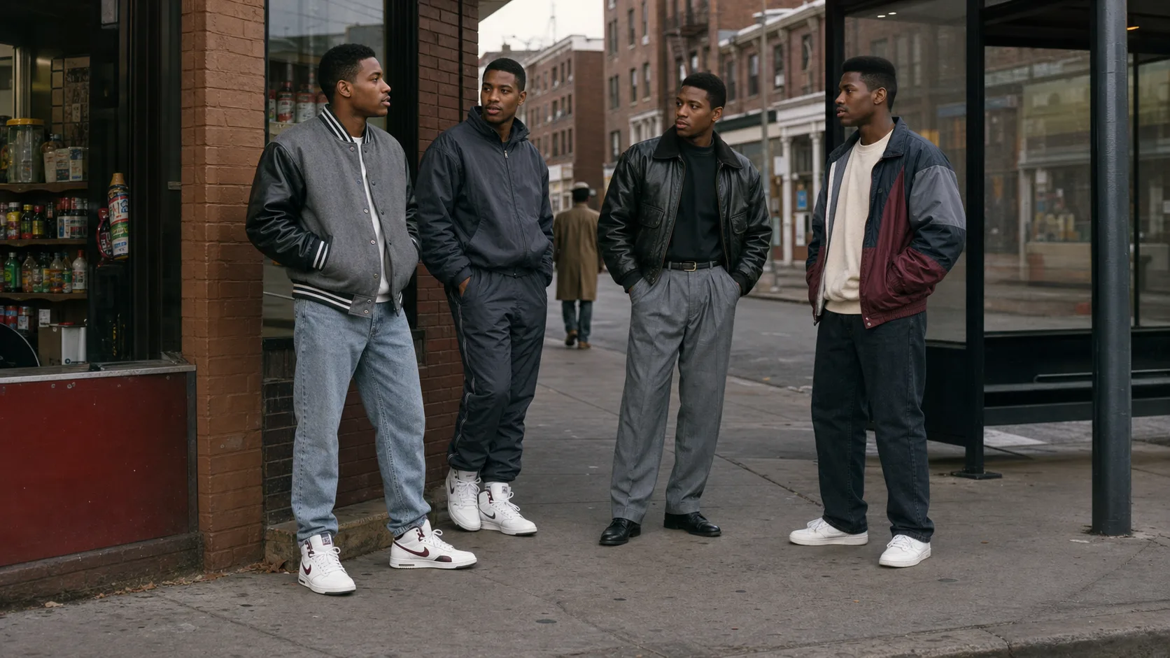 Everyday men's streetwear in the late 1980s Four Black men in late-1980s-inspired gray varsity, tracksuit, leather bomber and technical windbreaker outfits outside a corner store