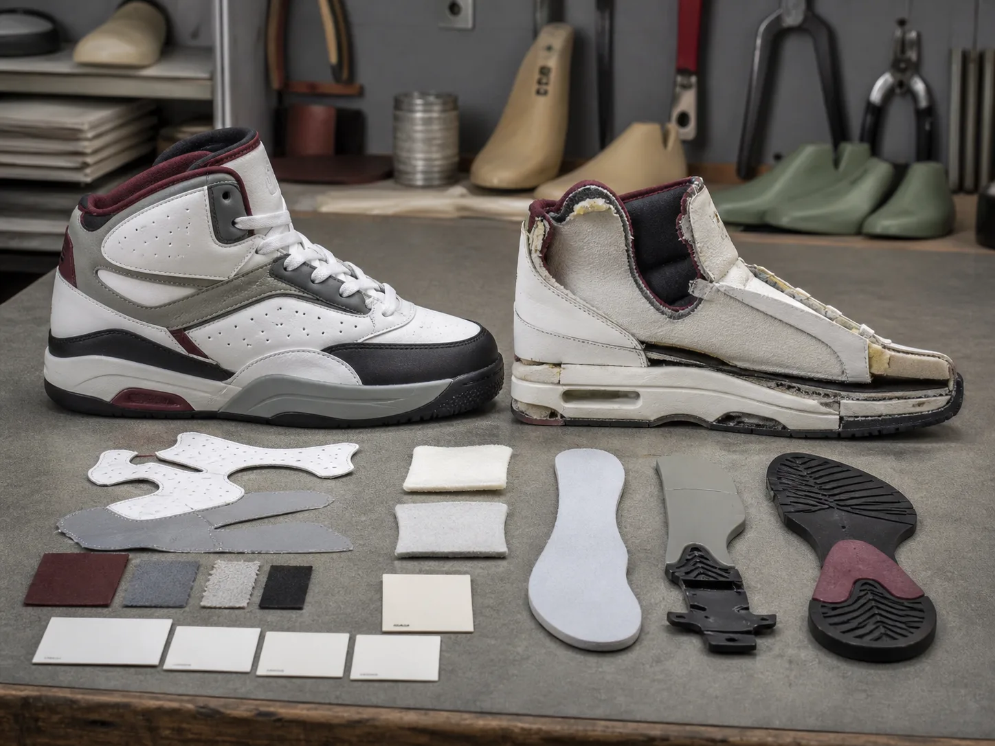 1990s basketball shoe construction and cutaway Original unbranded 1990s-inspired basketball shoe beside a cutaway showing padded collar, layered upper, cushioning cavity, shank and rubber outsole