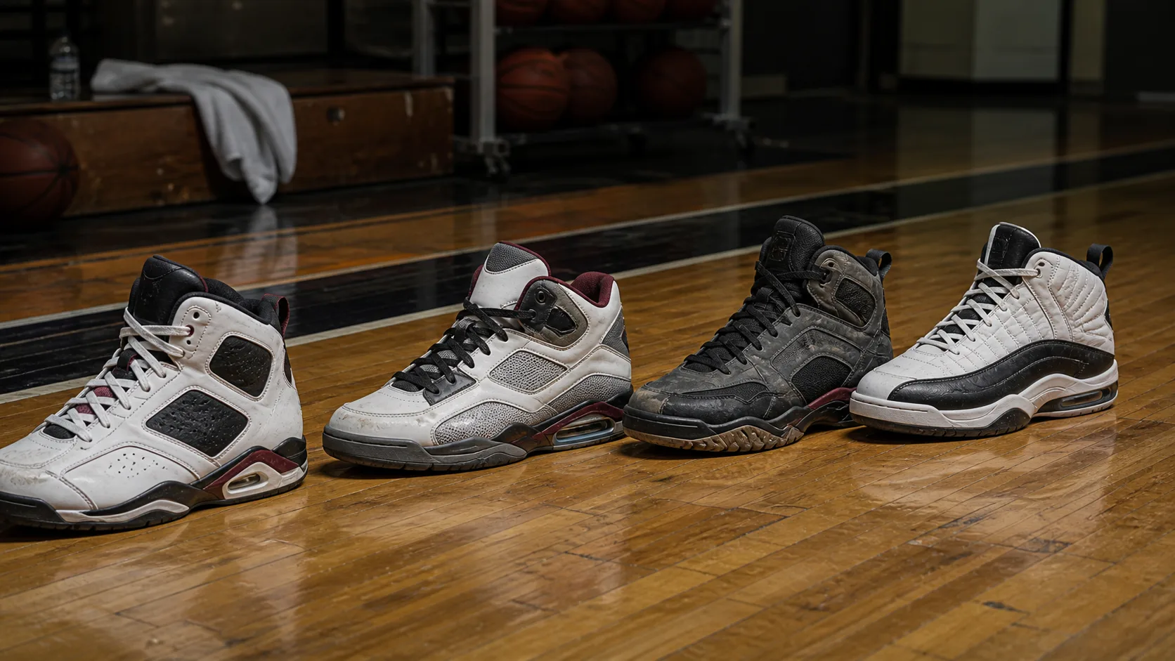 1990s basketball shoe silhouette archetypes Four original unbranded 1990s-inspired high-top, mid-top, rugged outdoor and technical basketball shoe archetypes on a hardwood court
