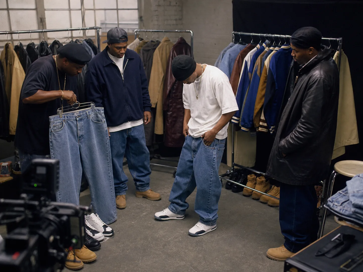 Editorial reconstruction of 1990s hip-hop wardrobe labor Editorial reconstruction of Black male stylist and fictional performers reviewing wide jeans leather coats varsity jackets boots and sneakers in a 1990s video wardrobe studio