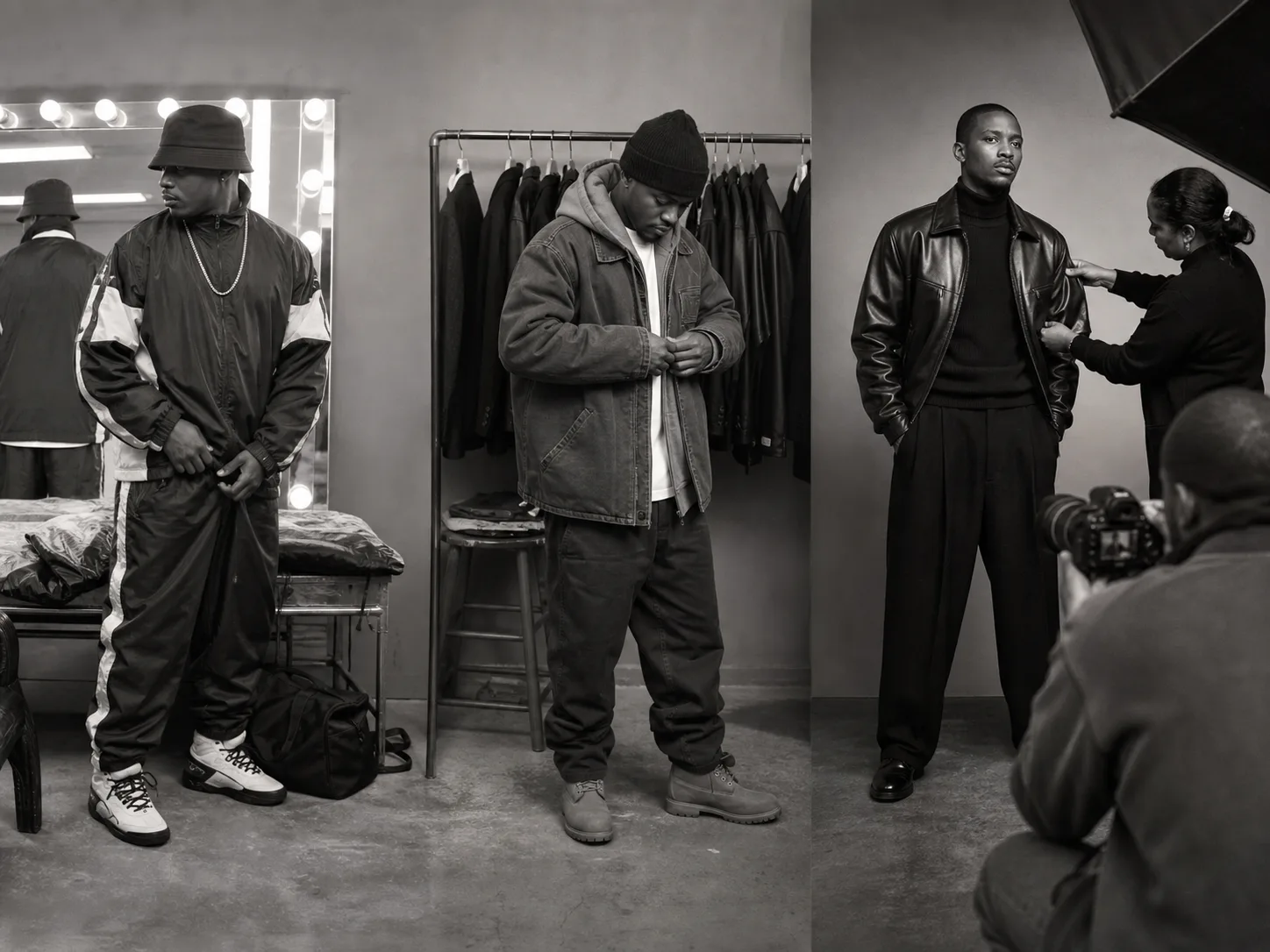 Collaborative styling behind 1990s rapper outfits Fictional 1990s wardrobe studio with three anonymous Black performers preparing sportswear, workwear and leather looks while a stylist adjusts a sleeve