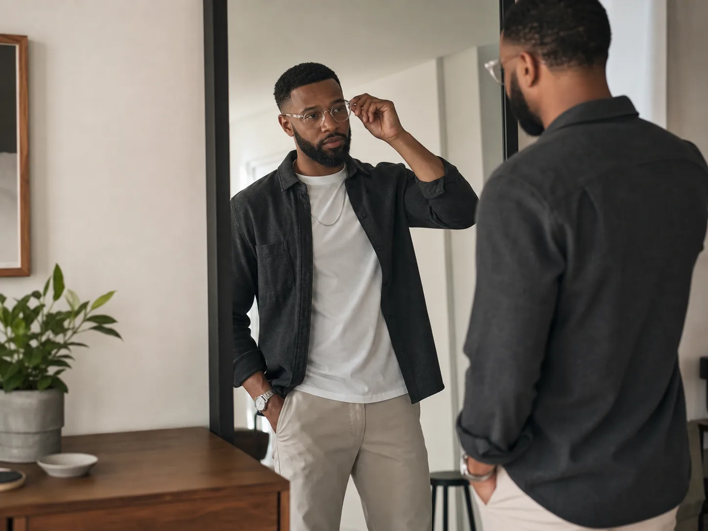 Coordinating glasses necklace and neckline Black man at mirror adjusting clear glasses with slim silver chain and watch over white tee and charcoal overshirt