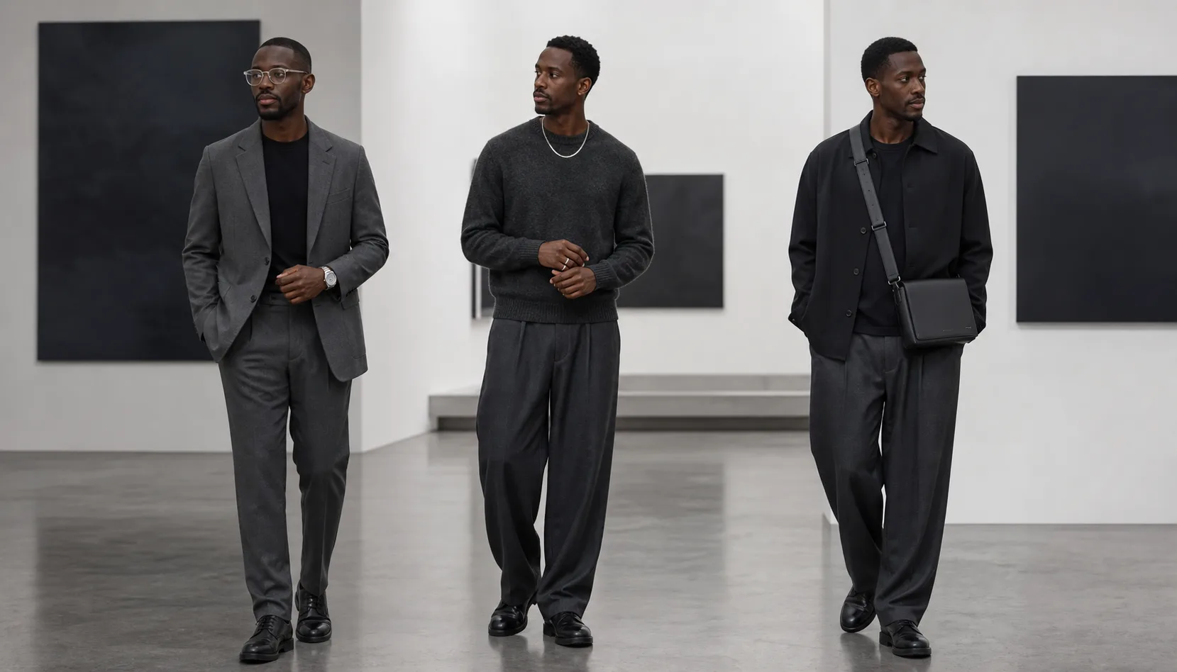 Black men's accessories styled by function and scale Three Black men in gray outfits demonstrating clear-frame glasses and watch, slim silver chain and rings, and black leather crossbody bag