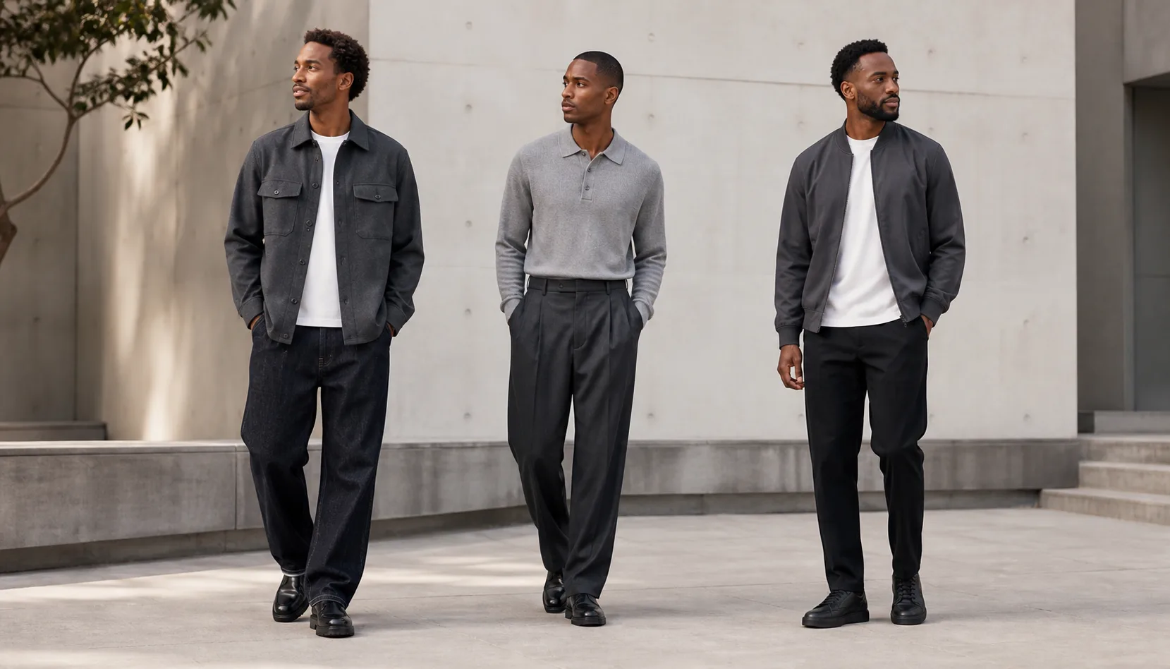 Three practical Black men's casual outfit formulas Three Black men wearing charcoal overshirt with dark denim, gray knit polo with pleated trousers and deep-gray bomber with black chinos