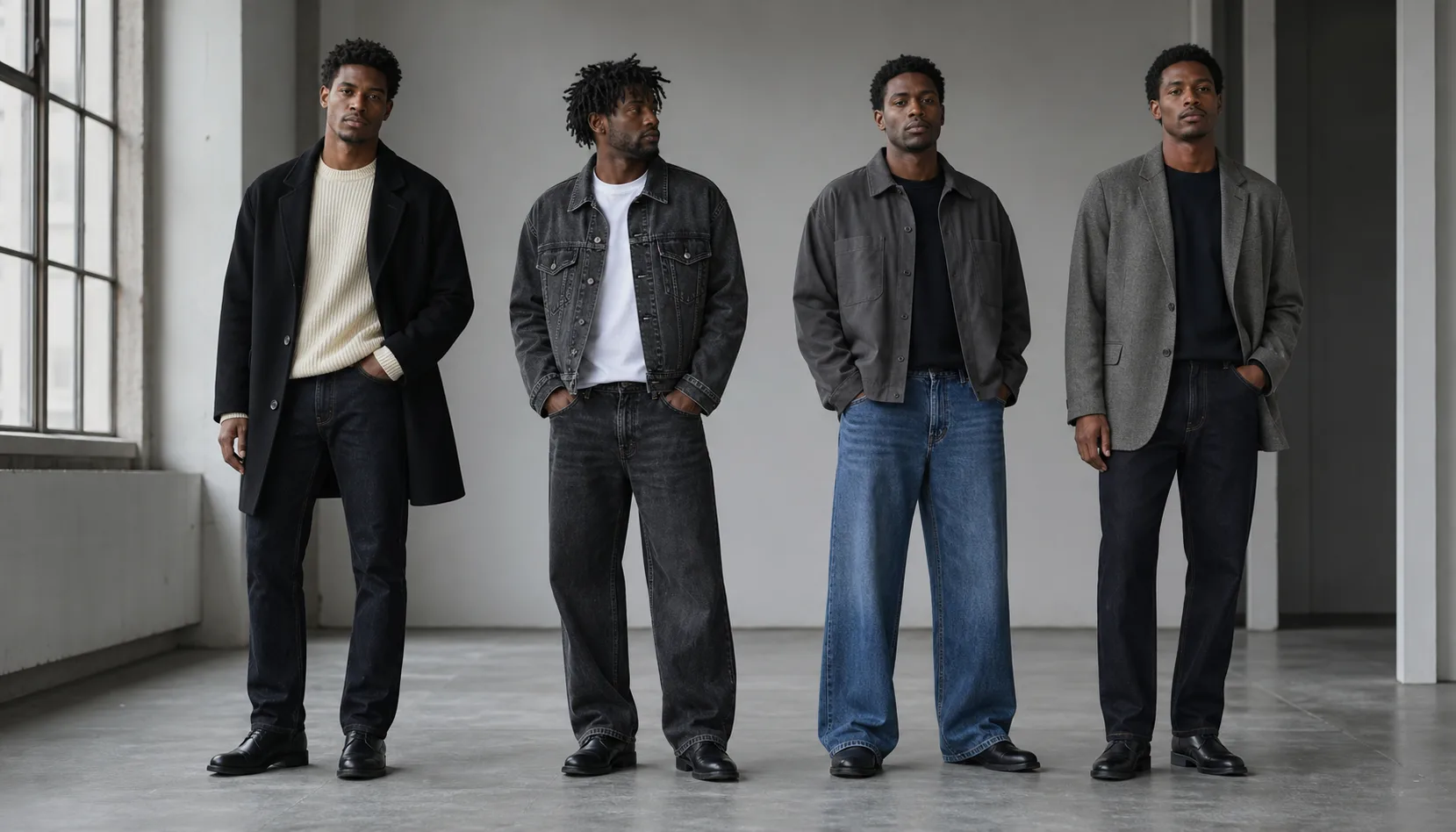 Four Black men's denim outfit formulas Four Black men wearing dark straight jeans with coat, washed black double denim, medium-blue wide jeans with overshirt, and dark jeans with gray blazer