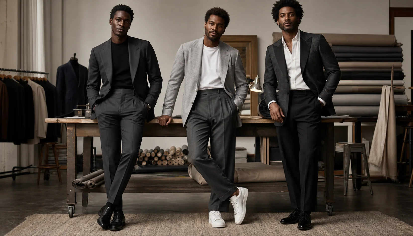 Three levels of Black men's modern tailoring Three Black men in tailoring atelier wearing charcoal suit with black knit, soft gray blazer with white tee and sneakers, and dark evening jacket with cream shirt