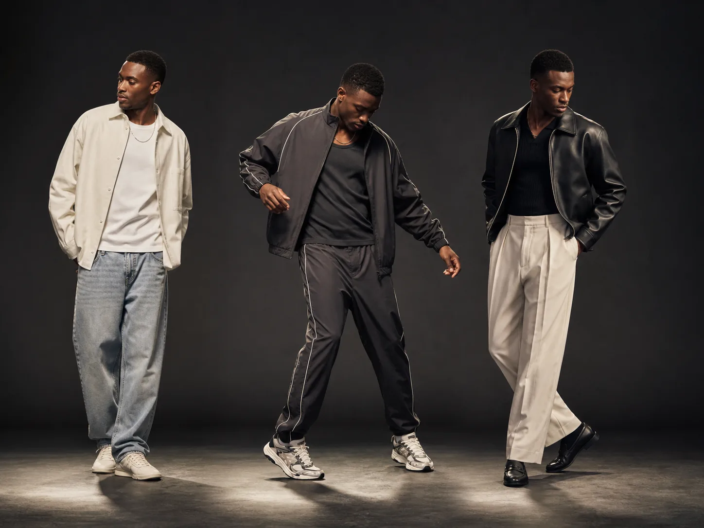 Casual, dance-ready and polished 90s party outfits Three anonymous Black men in casual overshirt and denim, dance-ready athletic separates, and polished leather with pleated trousers