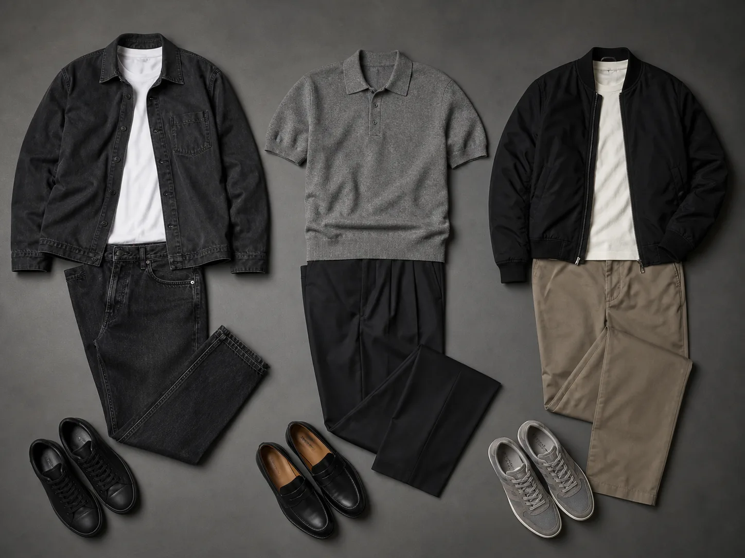 Casual outfit formulas using denim tailoring and sportswear Three flat-lay casual outfits with charcoal overshirt and jeans, gray knit polo and pleated trousers, and black bomber with chinos