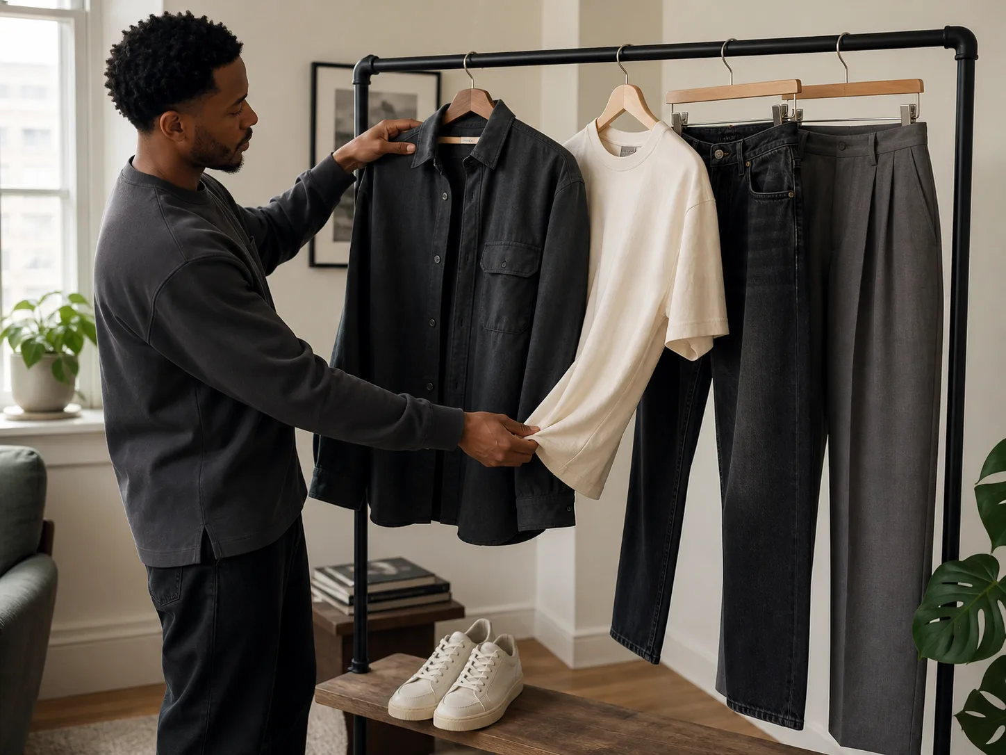 Building a versatile Black men's casual wardrobe Black man comparing charcoal overshirt, cream heavyweight tee, washed black jeans and gray pleated trousers on a wardrobe rail