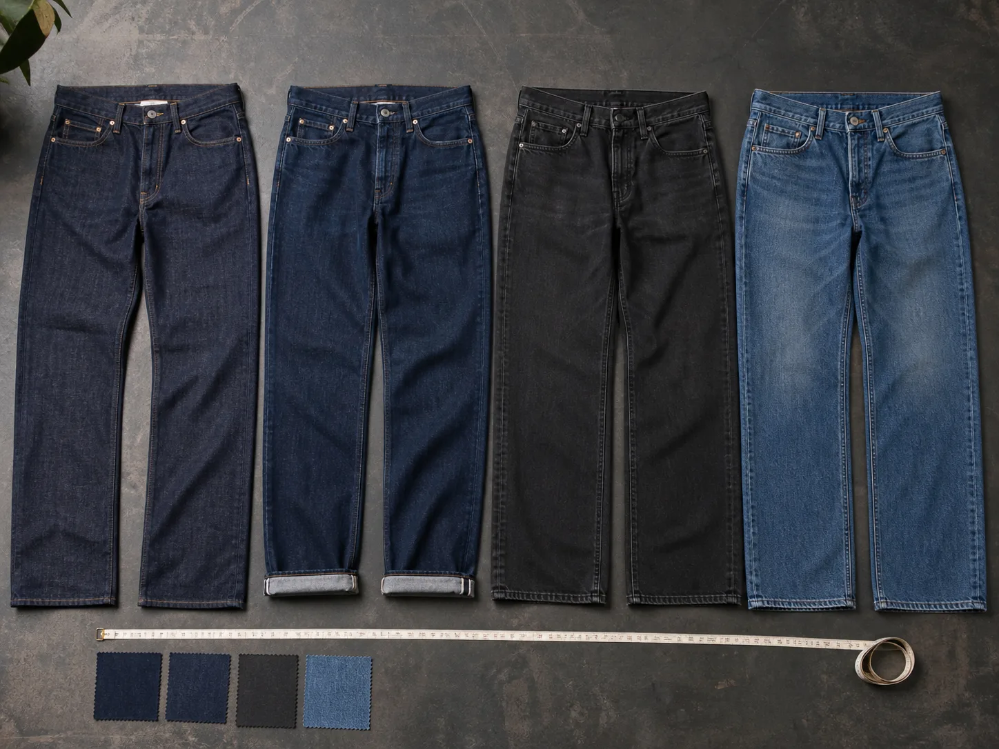 Men's denim fit and wash comparison Four jeans in raw indigo straight, rinsed dark tapered, washed black wide and medium-blue relaxed cuts beside measuring tape and swatches