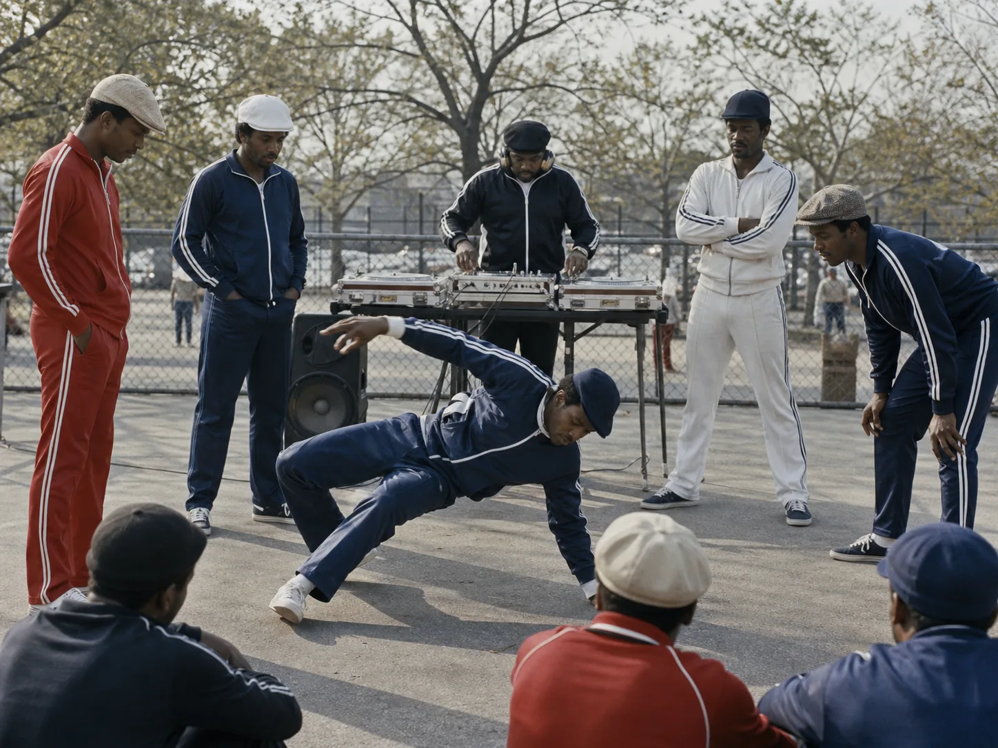 Editorial reconstruction of early hip-hop community style Editorial reconstruction of fictional Black DJ and dancer in red navy and white tracksuits at an early community park jam