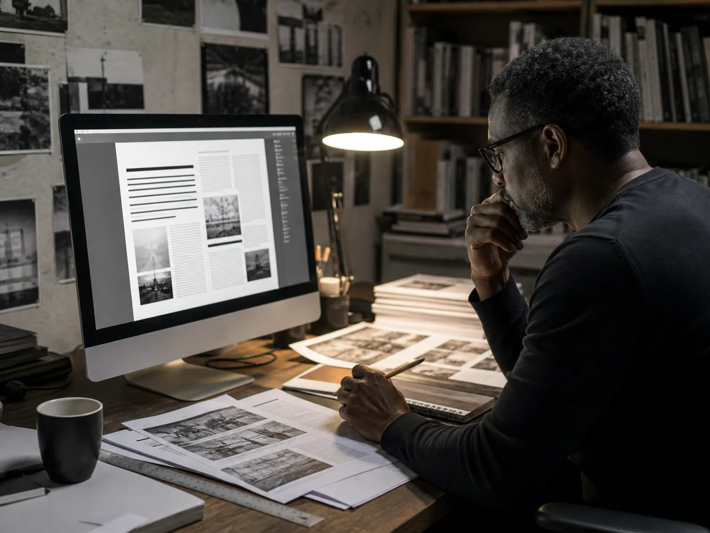 Illustrative Black male editor reviewing a grayscale article layout and printed page proofs at a desk