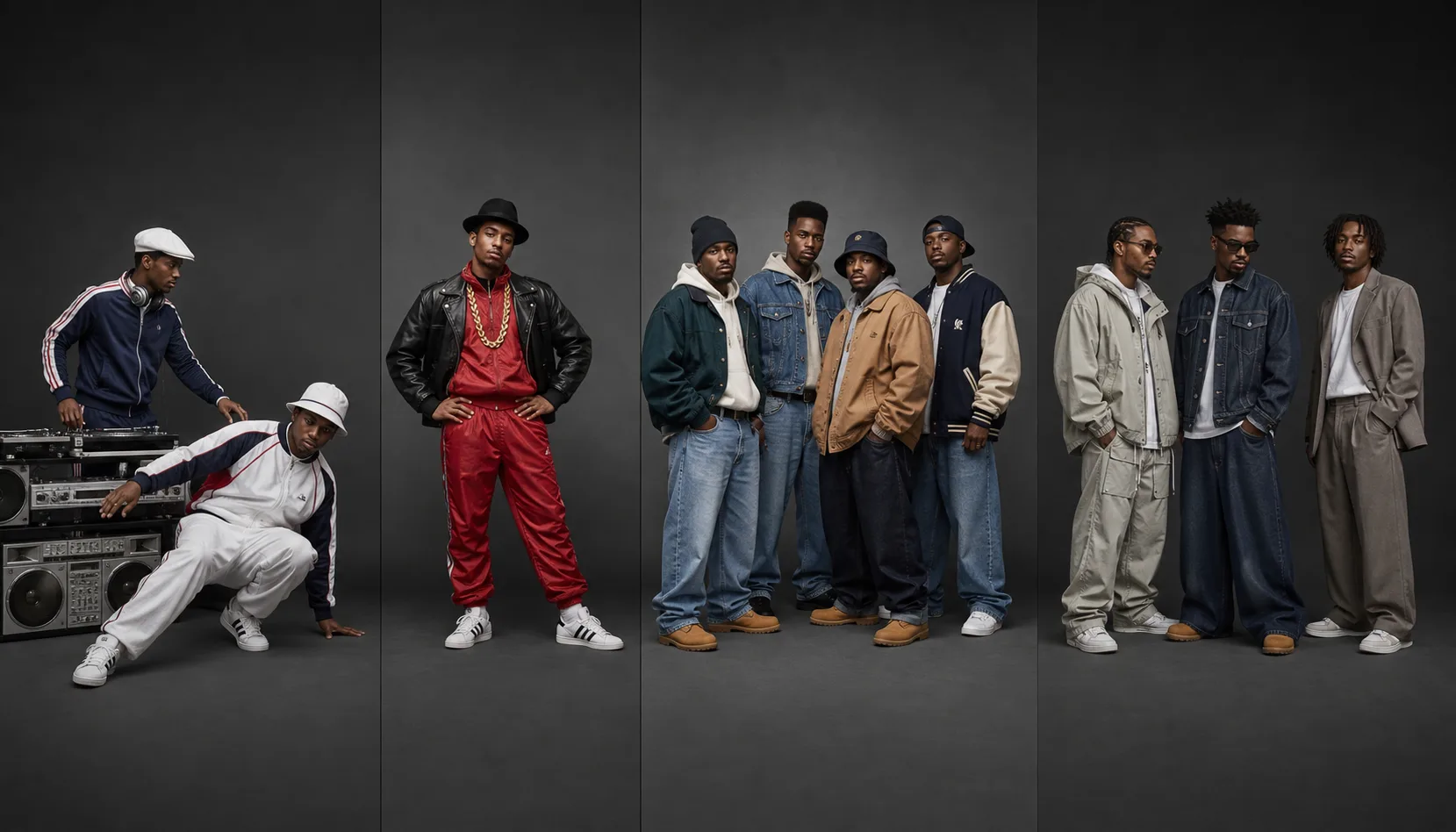 Editorial reconstruction of hip-hop fashion history Editorial reconstruction of fictional Black men in early tracksuits, 1980s leather, 1990s denim and workwear, and contemporary technical and tailored clothing
