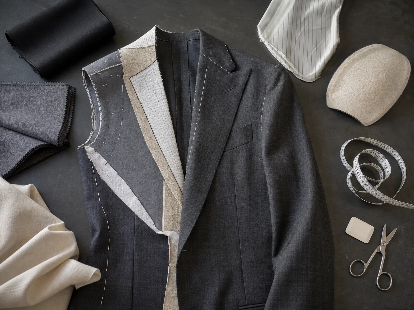Tailored jacket construction and cloth comparison Unfinished charcoal tailored jacket displaying canvas lining shoulder pad wool swatches measuring tape chalk and scissors