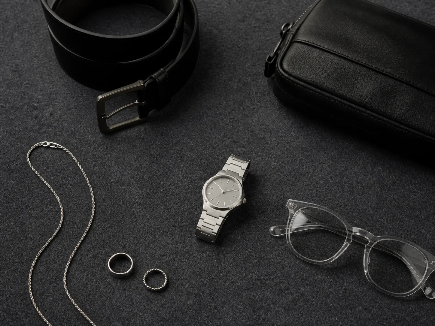Essential men's accessory edit in silver and black Minimal silver watch, clear glasses, two rings, slim chain, black leather belt and compact bag arranged on charcoal felt