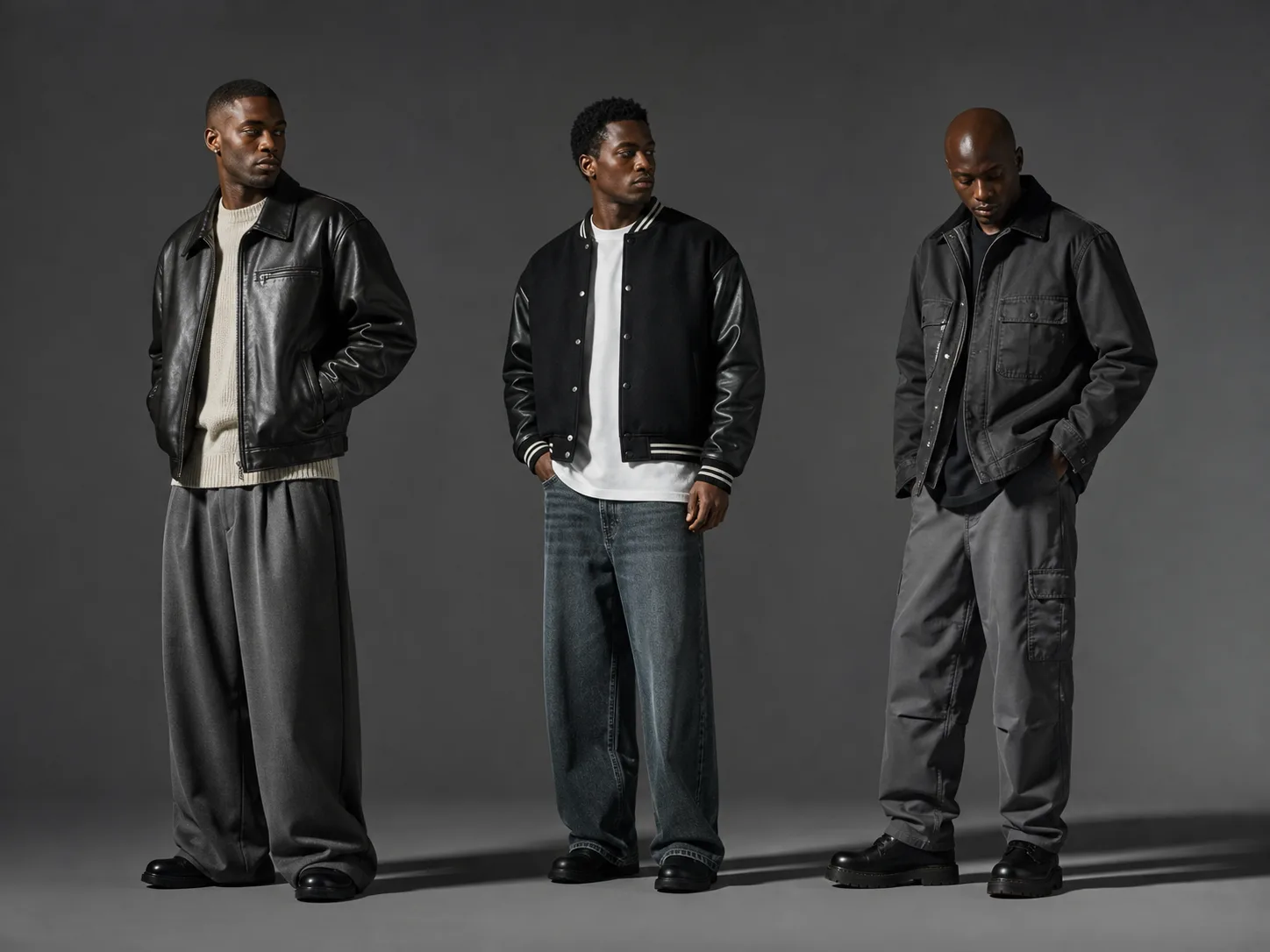 Modern outfits inspired by 1990s rapper style principles Three anonymous Black men wearing modern outfits with leather and wide trousers, varsity jacket and loose denim, and tonal workwear with cargo trousers