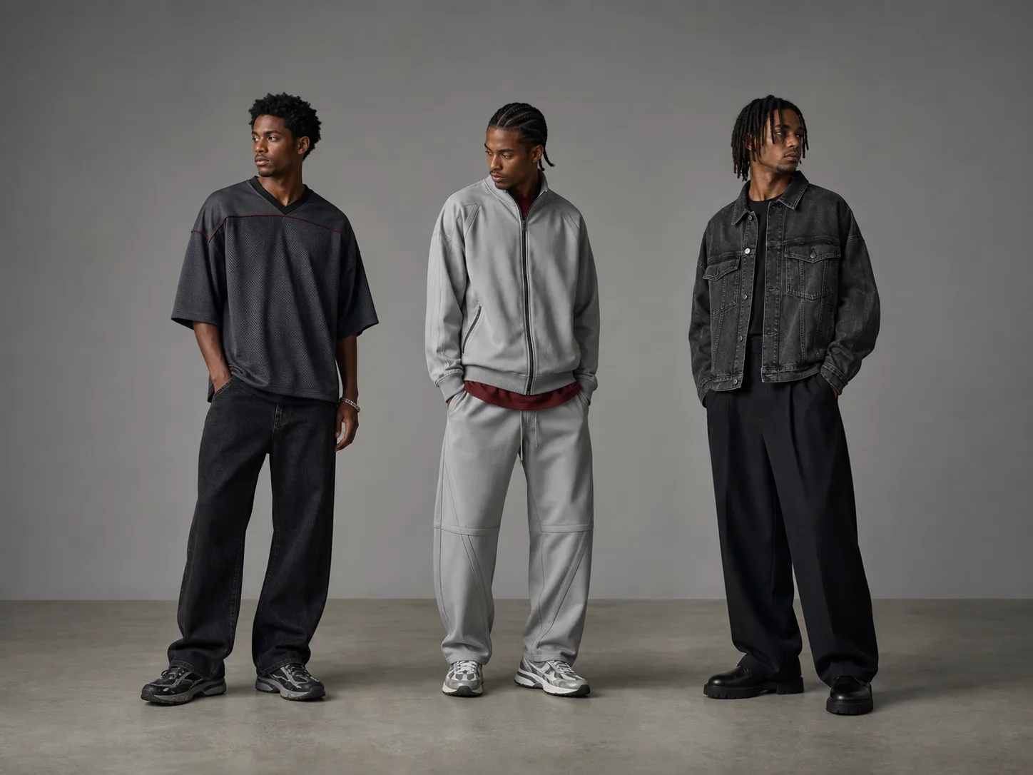 Modern wearable Y2K Black men's outfits Three modern Black men wearing edited Y2K-inspired jersey and denim, tonal gray tracksuit and oversized black denim with wide trousers