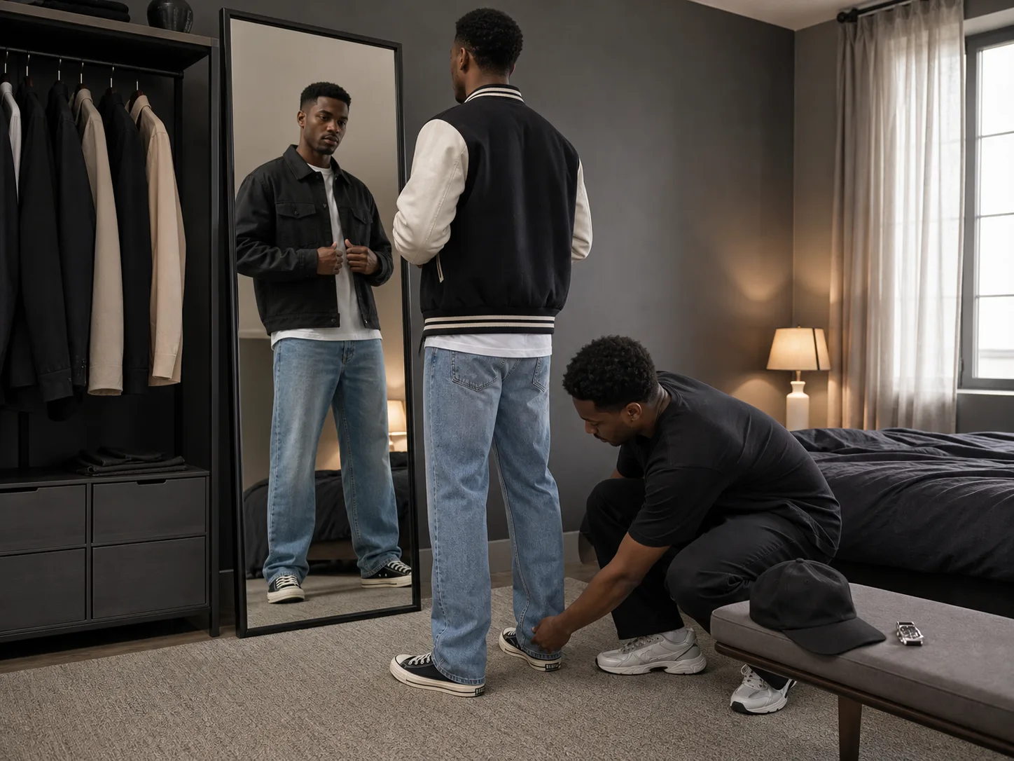 Checking fit and footwear before a 90s party Two anonymous Black men checking the hem of relaxed jeans over sneakers while comparing a varsity jacket and work jacket before a party