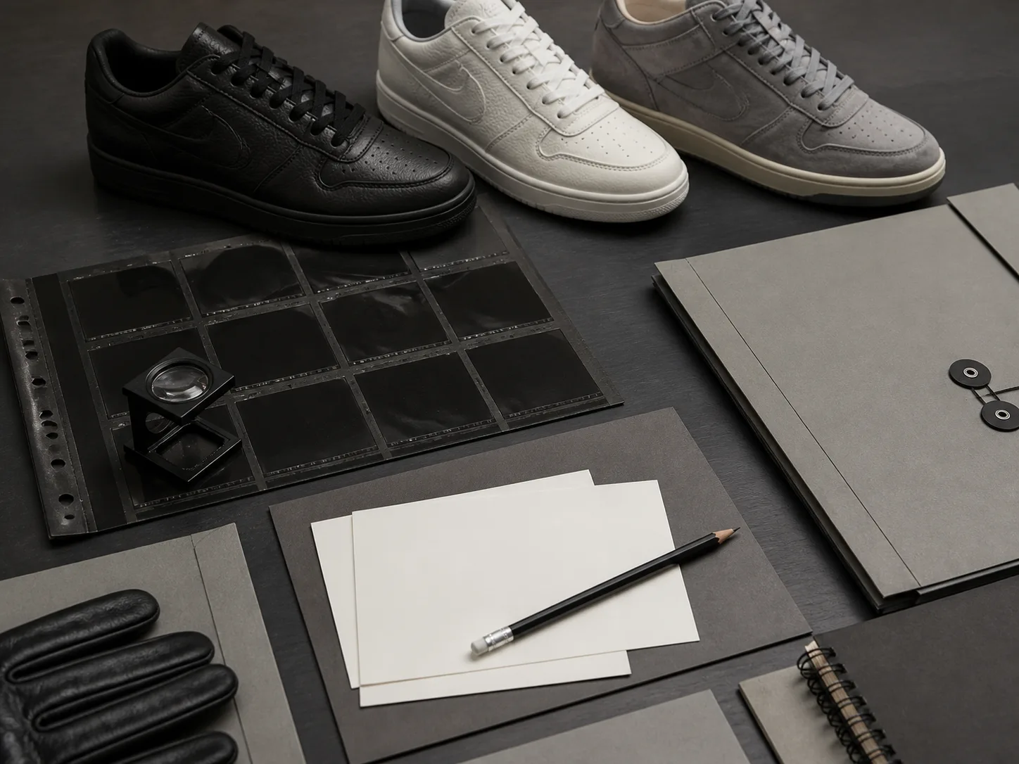 Evidence ledger for verifying rapper sneaker sightings Overhead archive desk with three unbranded sneakers, blank contact sheet, gray folders, blank cards, pencil and magnifying loupe
