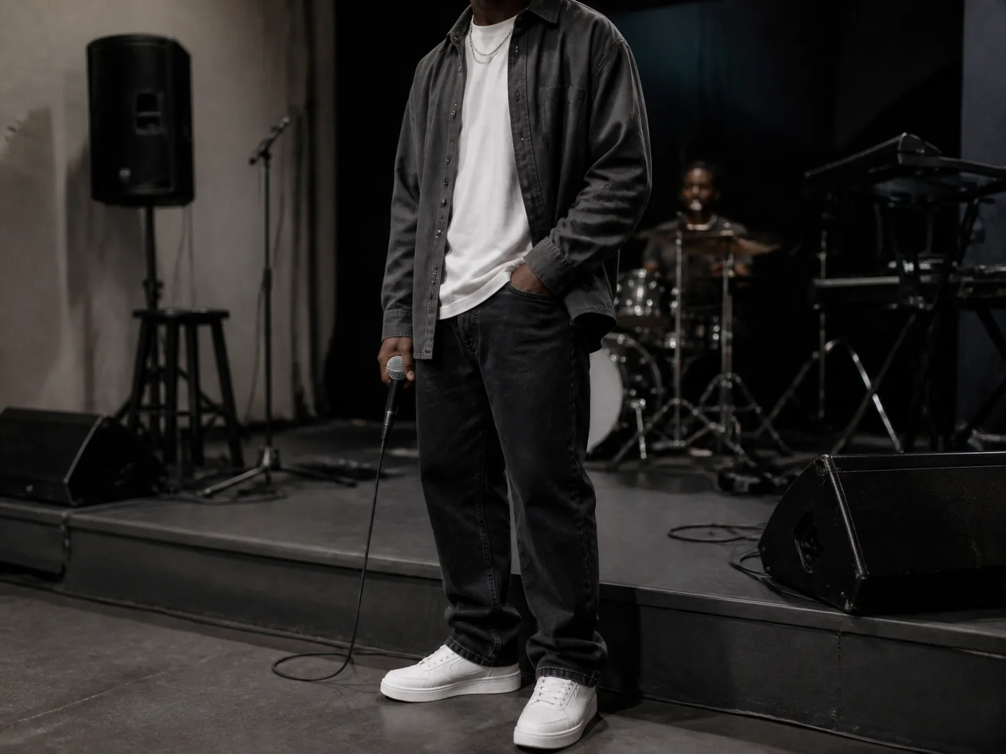 Balanced rapper-inspired sneaker outfit for movement Fictional Black performer wearing logo-free white low-top sneakers, relaxed black jeans, white tee and charcoal overshirt beside a rehearsal stage