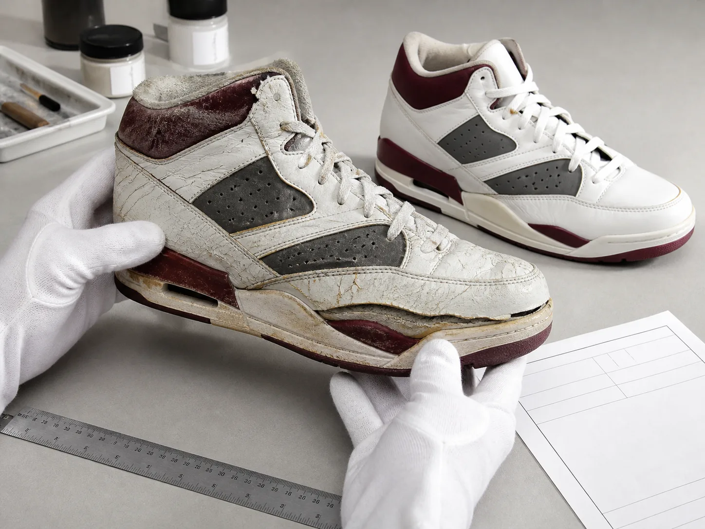Vintage basketball sneaker damage inspection Gloved hands inspecting an unbranded aged basketball sneaker with cracked coating and sole separation beside an intact modern reissue