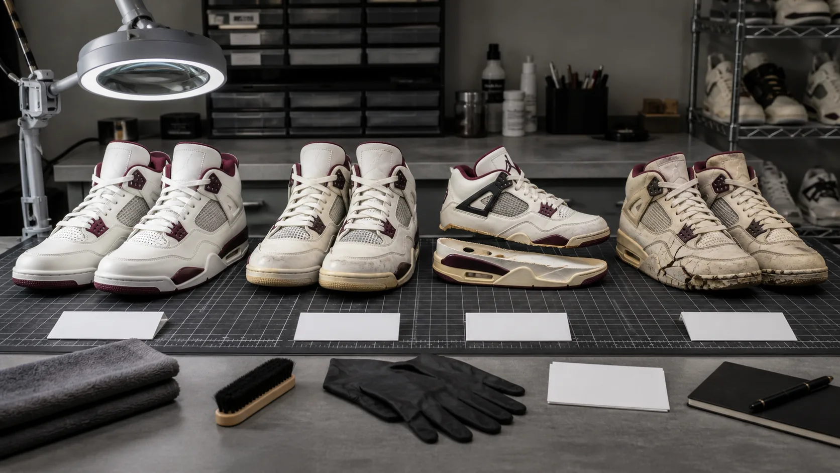 Retro basketball sneaker condition spectrum Four original unbranded retro basketball sneaker pairs in modern, worn, sole-separated and cracked conditions on a conservation bench