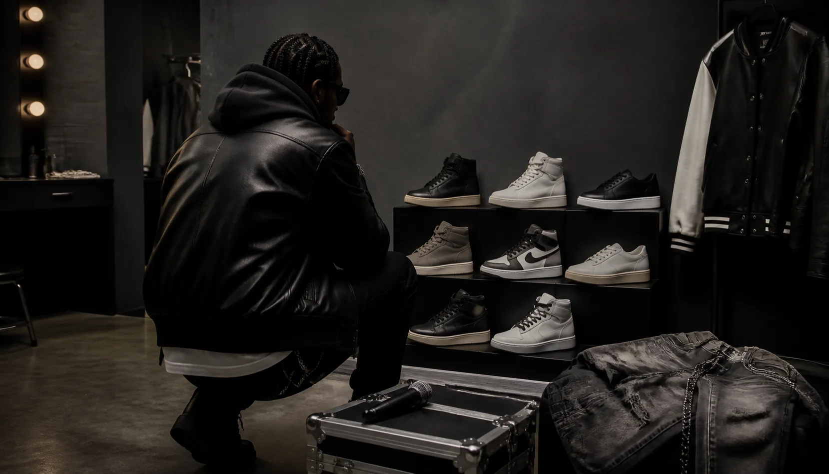 Rapper sneaker styling in a fictional backstage wardrobe Fictional Black male performer in a leather jacket reviewing black, white and gray unbranded sneakers beside denim and a microphone case backstage