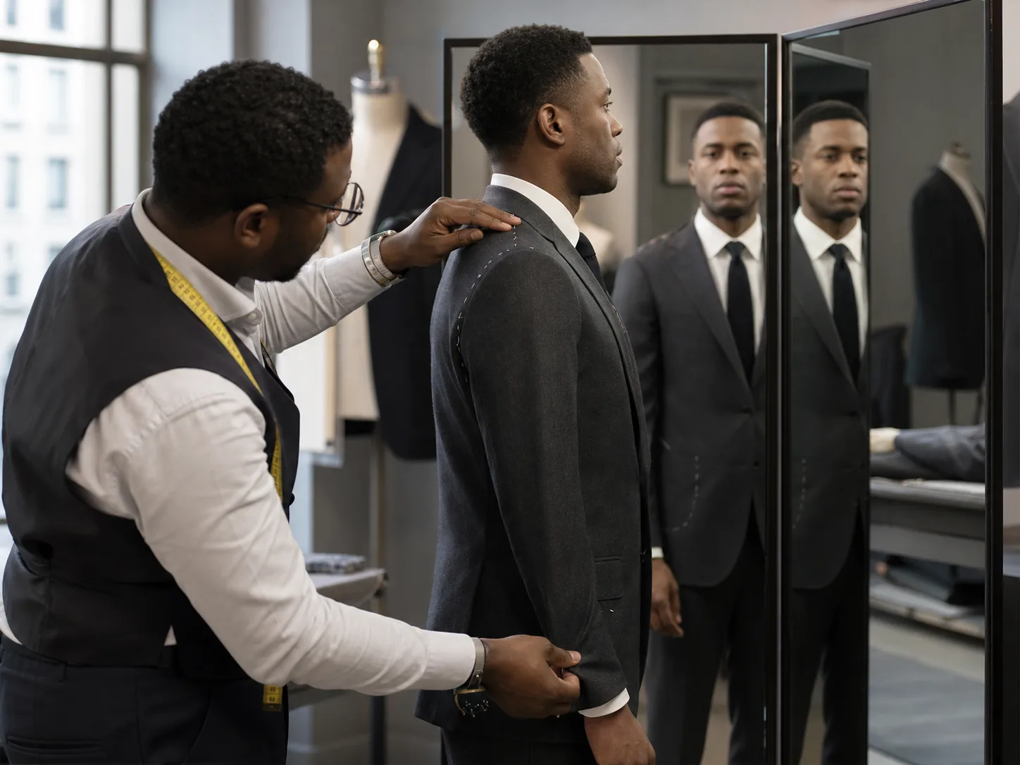 Men's suit fitting check with Black tailor Black tailor checking shoulder collar and sleeve of charcoal suit on Black male client at three-way mirror