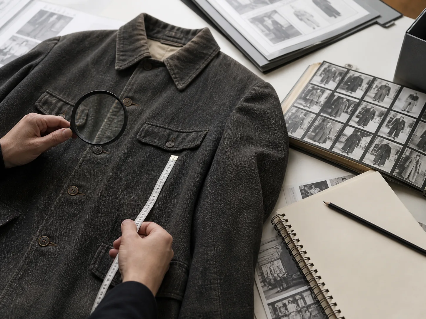 Illustrative hands measuring a vintage dark jacket and examining fabric beside archival-style contact sheets and an open notebook