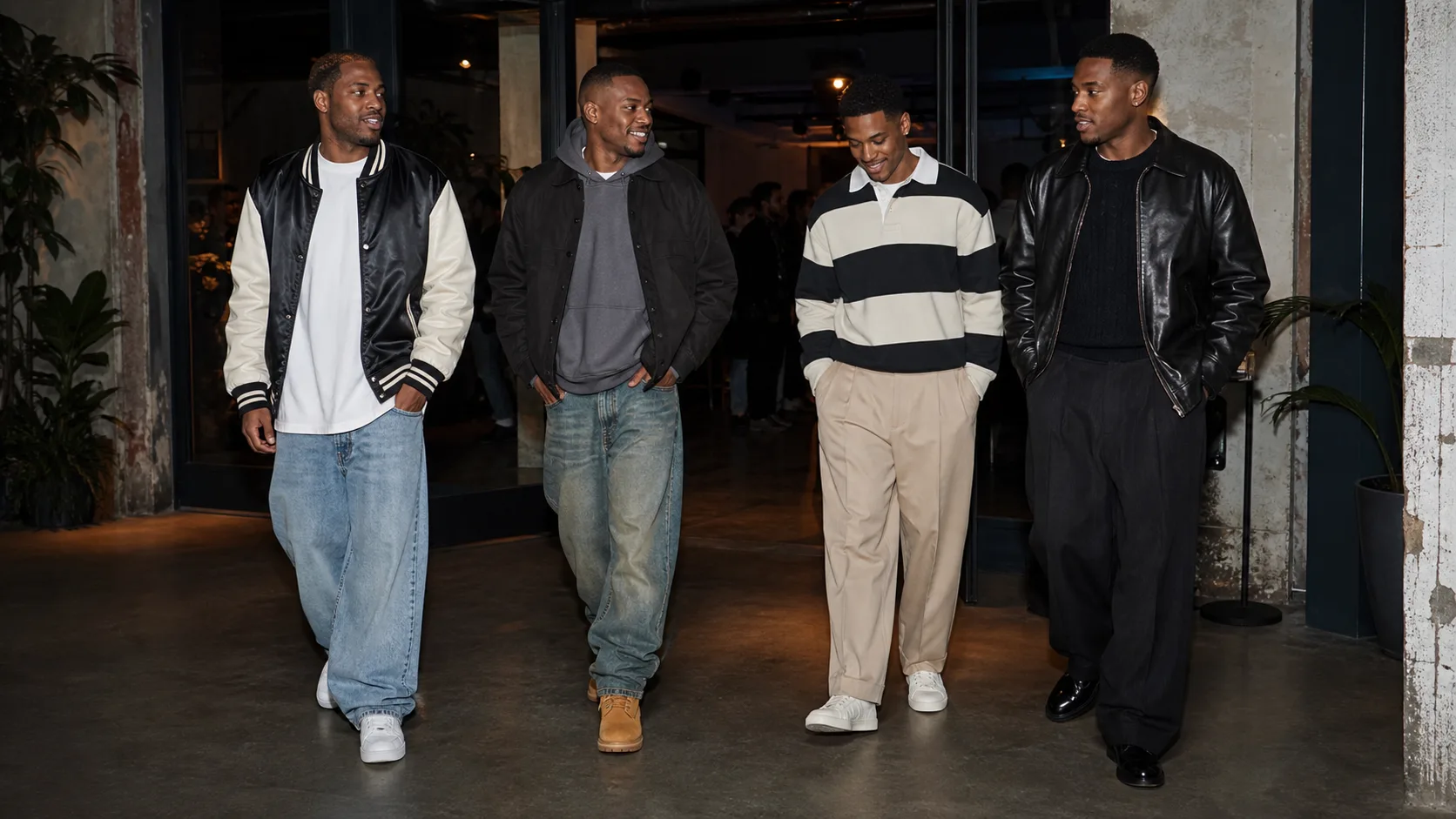 Men's outfit options for a 90s hip-hop party Four anonymous Black men arriving at a loft party in a varsity jacket with relaxed denim, work jacket and hoodie, rugby shirt with chinos, and leather jacket with wide trousers