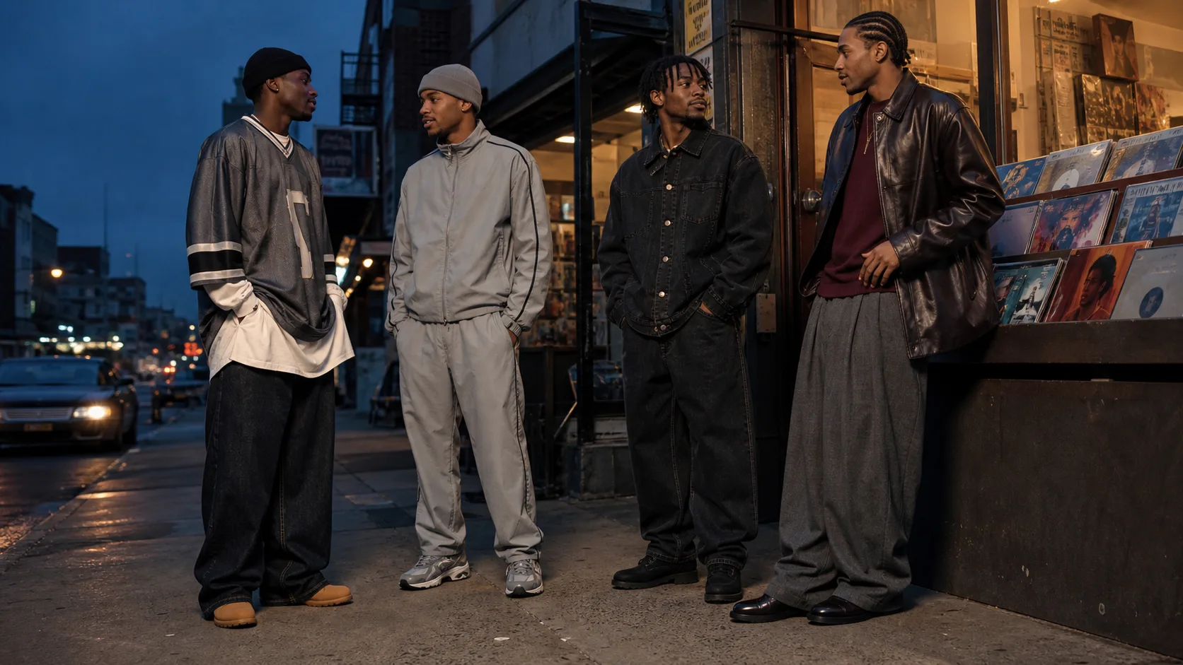 Y2K Black men's fashion at the millennium transition Four Black men in early-2000s-inspired long jersey, gray tracksuit, washed-black denim and leather with wide trousers outside a record store