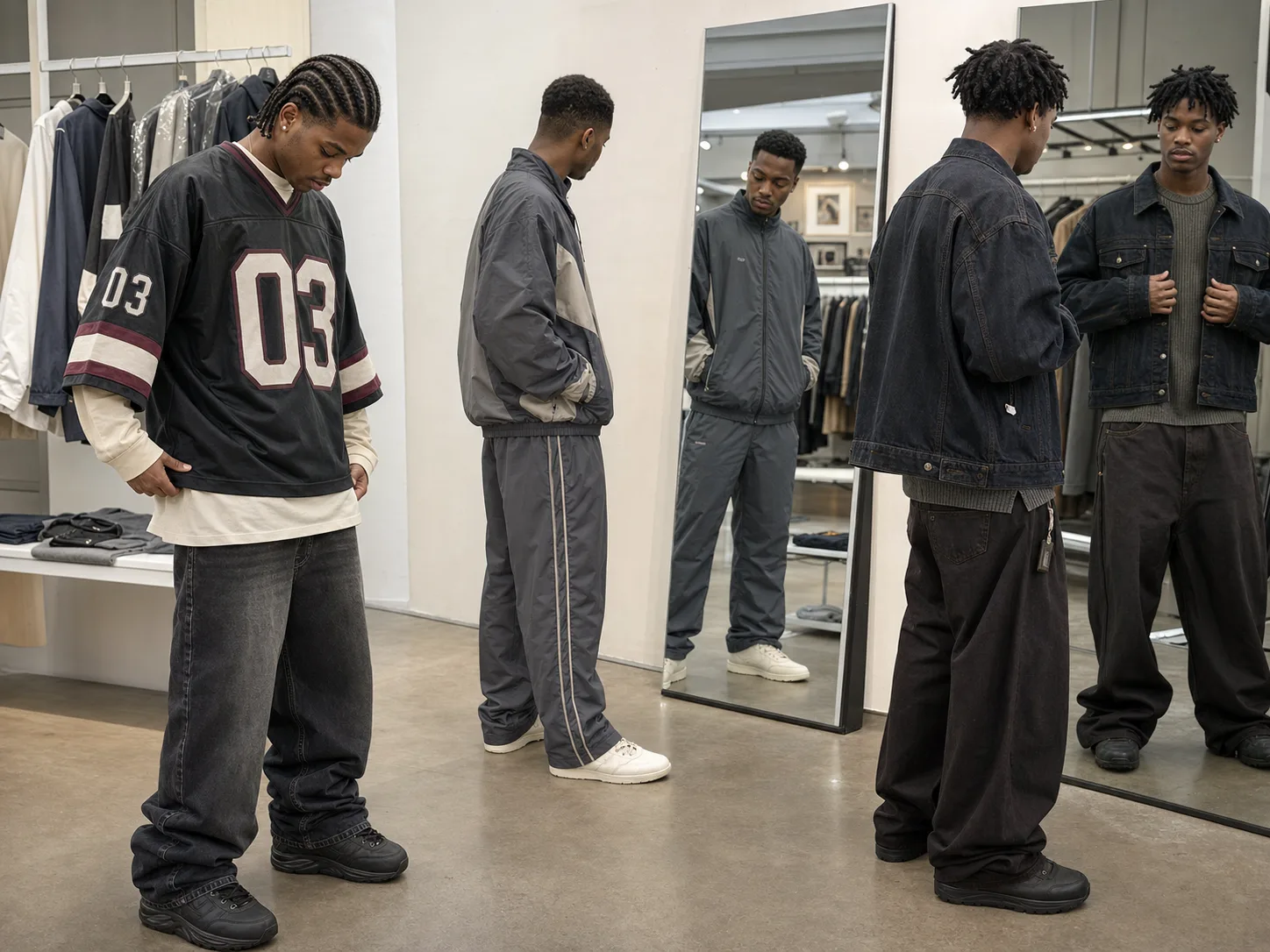 Y2K men's fit and proportion guide Three Black men checking Y2K-inspired jersey, gray tracksuit and oversized denim proportions in full-length clothing-store mirrors